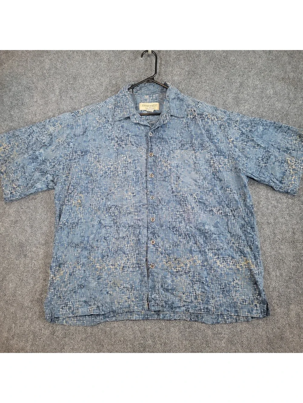 Johari West Hawaiian Shirt Mens 3XL Blue White Geometric Batik Cotton Island 509